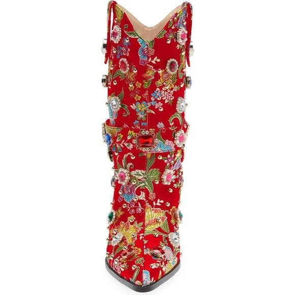 Red Flower Embroidered Rhinestone Mid Calf Pointed Toe Chunky Heel Cowgirl - Picture 4 of 7